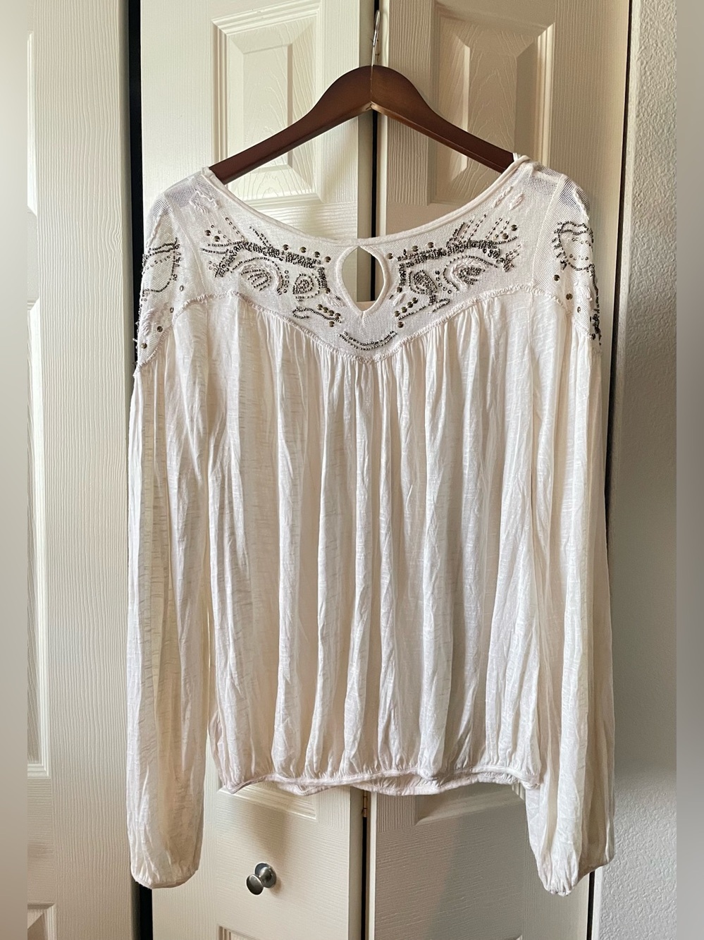 Free People Cream Embellished Scoop-Neck Peasant Blouse - Picture 6 of 7